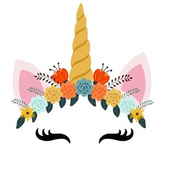 Unicorn logo with horn, ears and flowers.