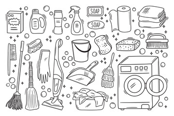 Set of outline doodle cleaning equipment. Washing machine, household chemicals, vacuum cleaner, towel, brush and gloves. Hand drawn laundry vector illustrations. Housework icon collection © Olga