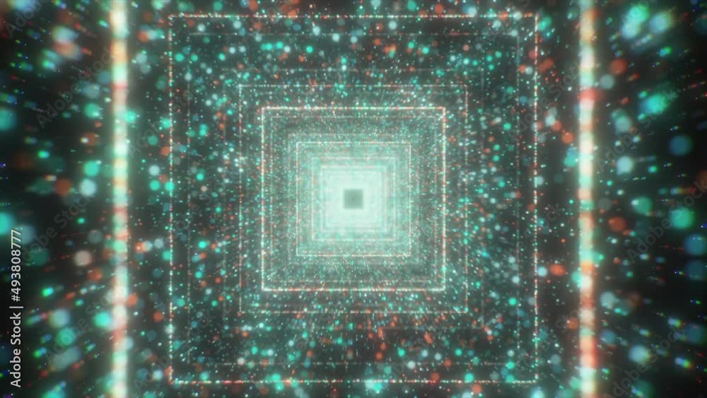 Poster motion graphics of flying into digital technologic tunnel, 3d effect. motion. glowing particles form