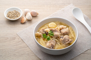 Yellow sliced preserved Bamboo shoot soup with pork spare rib.Asian food