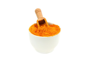 Turmeric curcurmin powder spice isolated on a white background. Vegan and healthy food. Organic food.Curcuma powder