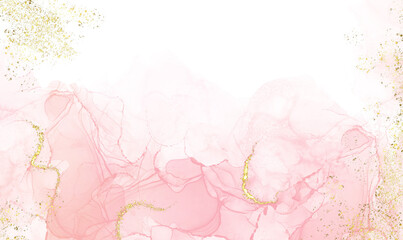 Abstract watercolor or alcohol ink art pink white background with golden crackers. Pastel pink marble drawing effect. llustration design template for wedding invitation,decoration, banner, background.