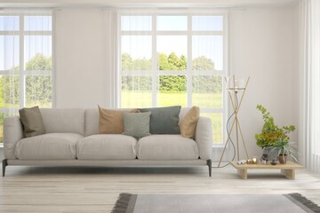 White living room with sofa and summer landscape in window. Scandinavian interior design. 3D illustration