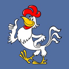 Vector image of a cartoon white rooster. A stylized rooster shows a thumbs up. Cartoon funny rooster gives a thumbs up.