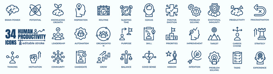 Human productivity and success minimal thin editable line web icon set. Outline icons collection. Simple vector illustration	