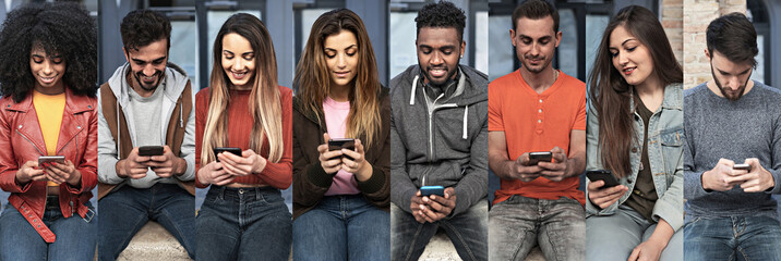 Collage of portraits of international young people holding smartphone and using social network -...