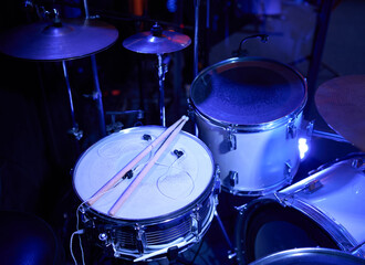 Set of drums. Detail of a drum kit closeup. The concept of a live concert. Drum set on rock concert...
