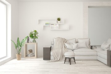 White living room with sofa. Scandinavian interior design. 3D illustration