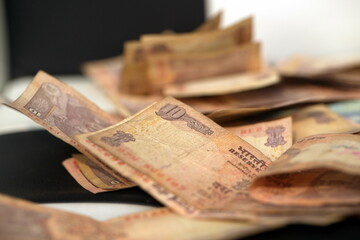 crumpled banknotes indian rupees paper money close up