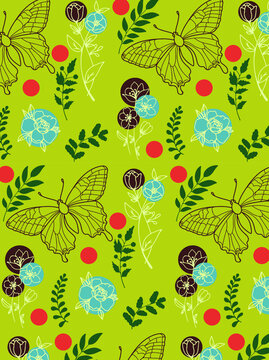 Seamless abstract pattern with flowers and butterflies on the green background