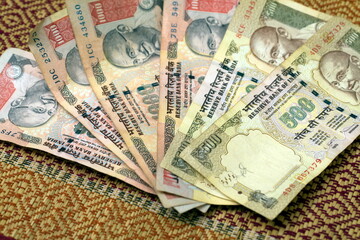 crumpled banknotes indian rupees paper money close up