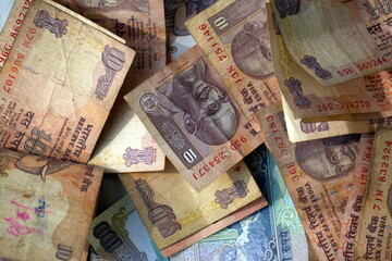 crumpled banknotes indian rupees paper money close up