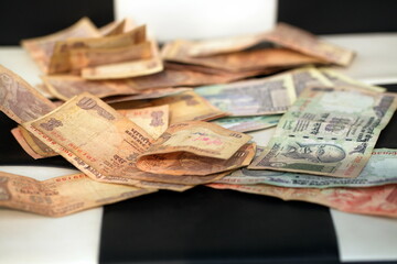 crumpled banknotes indian rupees paper money close up
