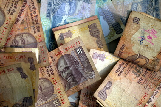crumpled banknotes indian rupees paper money close up