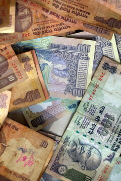 crumpled banknotes indian rupees paper money close up
