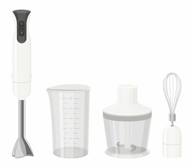 Blender, Food Processor And Whisk Tools Set Vector. Immersion Blender Measuring Cup And Container With Cut Sharp Blade. Chef Electronic Appliance For Cooking Template