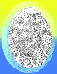 Easter egg graphic in the form of a doodle rural scene on a background of yellow and blue framed