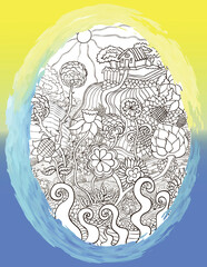 Easter egg graphic in the form of a doodle rural scene on a background of yellow and blue framed