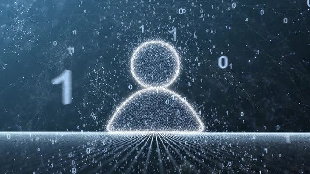 Digital people icon on binary data technology looping background.