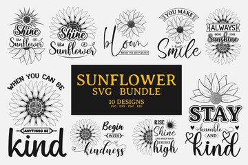 Sunflower Svg Bundle, Vector illustration happiness lettering with sunflower, hand drawn motivational quotes, typography for t-shirt, poster, sticker and card