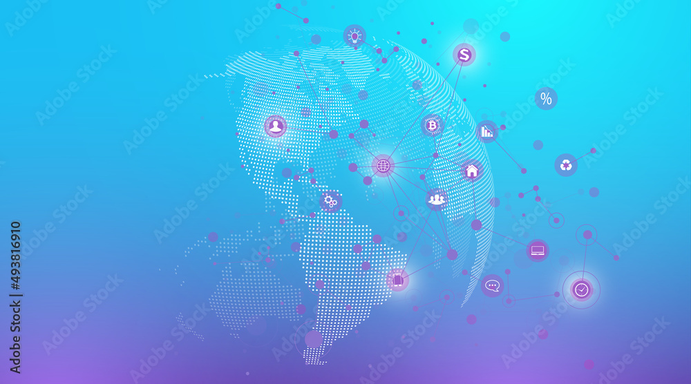 Fototapete World map point with global technology networking concept. Digital data visualization. Lines plexus. Big Data background communication. Scientific illustration.