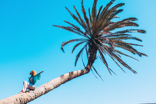 Happiness and freedom people tourist travel lifestyle concept. Overjoyed woman with arms outstretched sitting on a tropical palm against a blue sky in background. Outdoor leisure activity and vacation