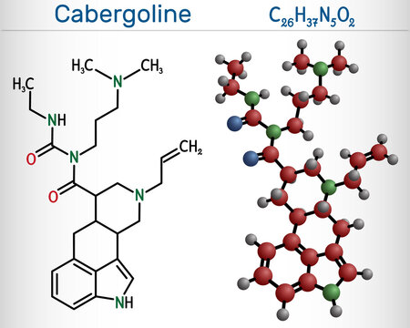 Cabergoline molecule. It is drug, ergot derivative, dopamine receptor, prolactin inhibitor. Structural chemical formula and molecule model.