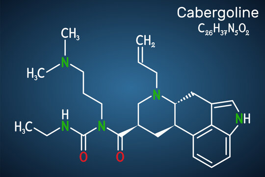 Cabergoline molecule. It is drug, ergot derivative, dopamine receptor, prolactin inhibitor. Structural chemical formula on the dark blue background