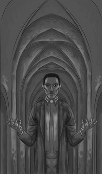 Digital illustration of a standing priest, with open arms, inside a church