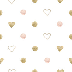 Watercolor seamless pattern polka dot and crochet hearts.Isolated on white background. Hand drawn clipart. Perfect for card, fabric, tags, invitation, printing, wrapping. 