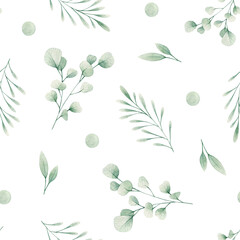 Watercolor seamless pattern with mint polka dot and eucalyptus branches. Isolated on white background. Hand drawn clipart. Perfect for card, fabric, tags, invitation, printing, wrapping, linen.
