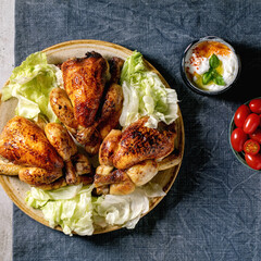 Grilled mini chicken with green salad on plate