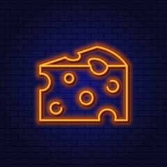 Neon slice of masdam cheese. Vector sign buy in the dairy department.