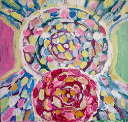 Double mandala of love and motherhood in pink, light green, blue and former colors.