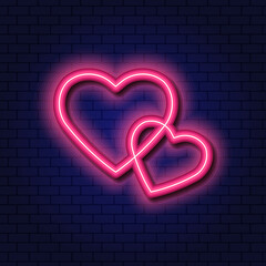 Neon vector sign two hearts. Design element for postcard, website for valentine's day, wedding
