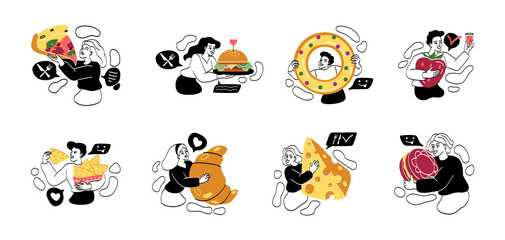 Set of Male and Female Characters with Different Food and Snacks