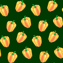 Seamless pattern. Yellow Bell pepper. Watercolor illustration. Isolated on a green background.