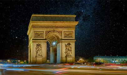 Arc de Triumphe Triumpfbogen Paris Nacht Sterne Himmel - obrazy, fototapety, plakaty