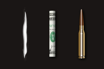 Cocaine, rolled dollar and bullet, narcos war concept, vector illustration - 493820767
