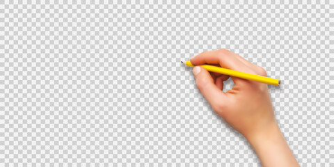 Female hand writing with a pencil on transparent background, realistic effect, vector illustration - obrazy, fototapety, plakaty