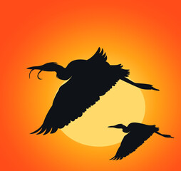 Plakat Silhouette of a bird flying and the sunset, bird silhouette vector illustration, Cranes flying Silhouette Illustration.