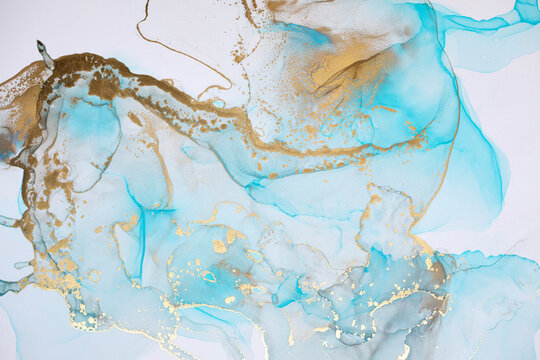 Luxurious abstract fluid painting in alcohol ink technique, mixture of blue and gold paints. Imitation of marble stone, © BestForYou