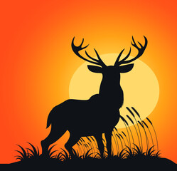silhouette of deer, Reindeers Silhouette with Sunset Vector Illustration