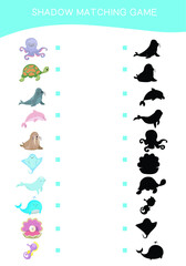 Obraz premium Matching shadow game for Preschool Children. Educational printable worksheet. Matching the images with the shadow for motoric movements. Vector illustration.