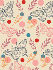 Seamless abstract pattern with flowers and butterflies on the pink background