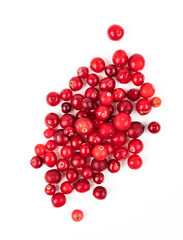 Juicy fresh forest red cranberry on a white background. Top view and copy space