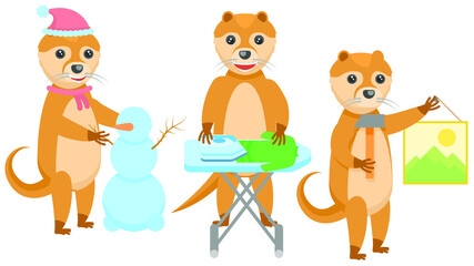 Set Abstract Collection Flat Cartoon Different Animal Otters Hanging A Picture With A Hammer, Ironing Clothes, Making A Snowman Vector Design Style Elements Fauna Wildlife