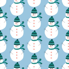 Cute snowman in green hat and scarf hand drawn vector illustration. Funny baby character. Christmas seamless pattern.