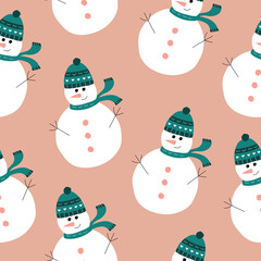 Cute snowman in green hat hand drawn vector illustration. Adorable baby character. Christmas seamless pattern.