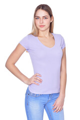 Portrait of beautiful woman wearing casual clothing on white background